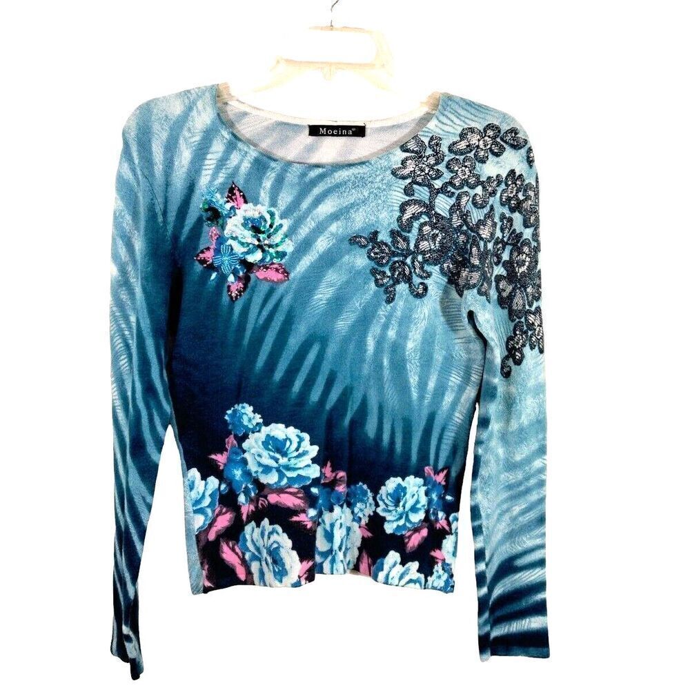 Moeina Womens Blue Embordered Knit Top Pull Over Floral Sequin Beaded No Tag (M)